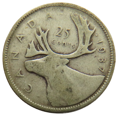 1937 King George VI Canada Silver 25 Cents Coin