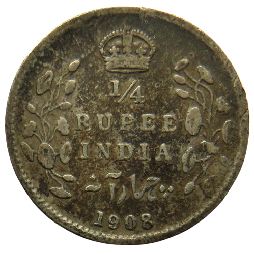 1908 King Edward VII India Silver 1/4 Rupee Coin