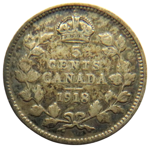 1918 king George V Canada Silver 5 Cents Coin