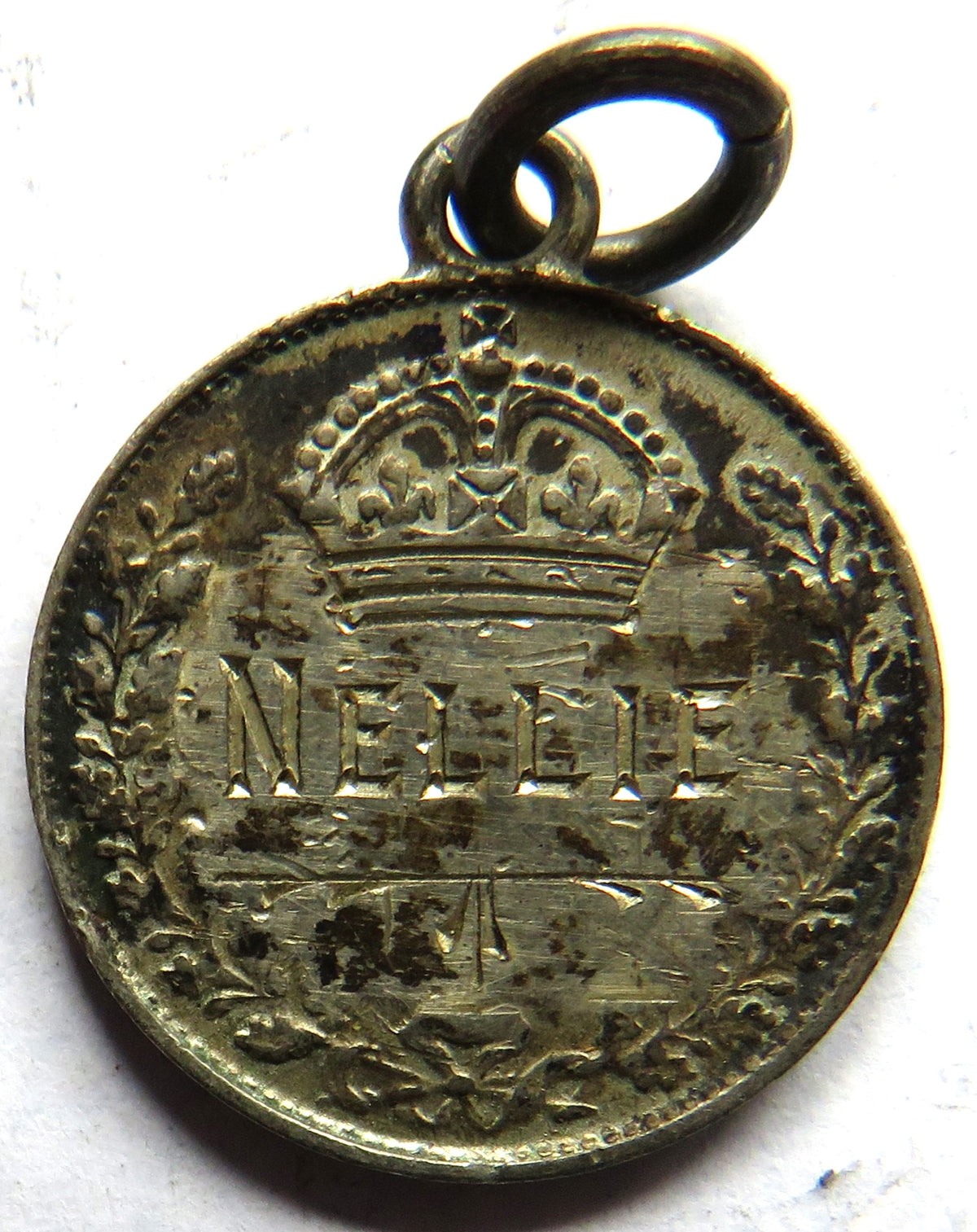 Antique King George V Silver Threepence Coin Made Into Love Token Pendant "Nellie"