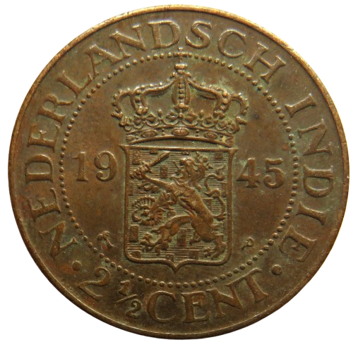 1945 Netherlands East Indies 2 & 1/2 Cents Coin