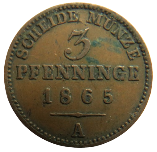 1865-A German States Prussia 3 Pfennig Coin image 1