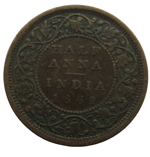 1862 Queen Victoria India 1/2 Anna Coin