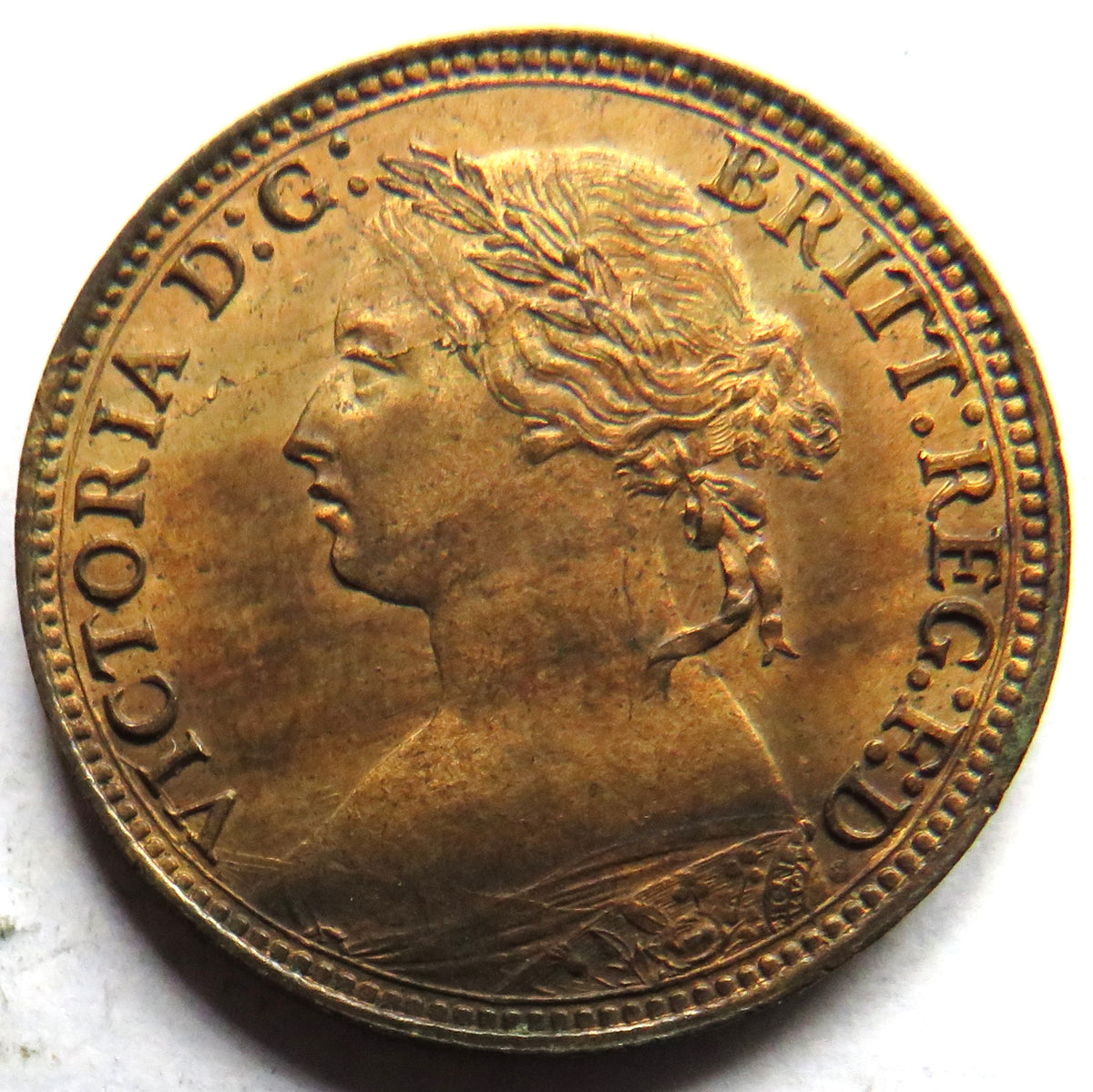 1874-H Queen Victoria Bun Head Farthing Coin In High Grade Double Struck Reverse - Great Britain