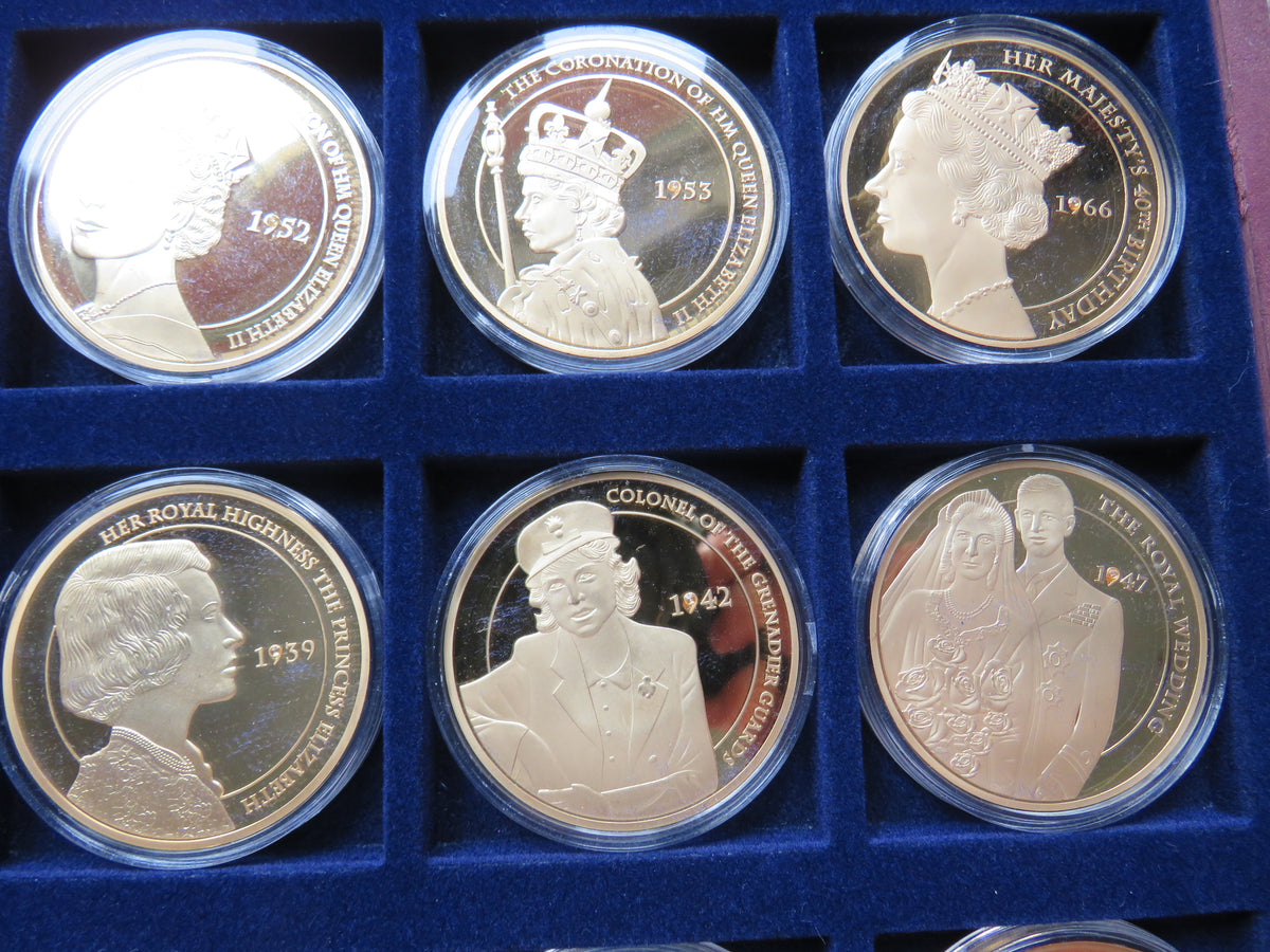 Portraits of Queen Elizabeth Cased 12 Coin / Medal Set 50mm Diameter