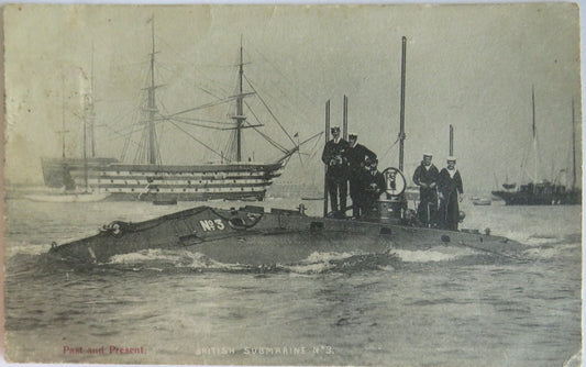 Antique Postcard of Past and Present British Submarine No3 1905