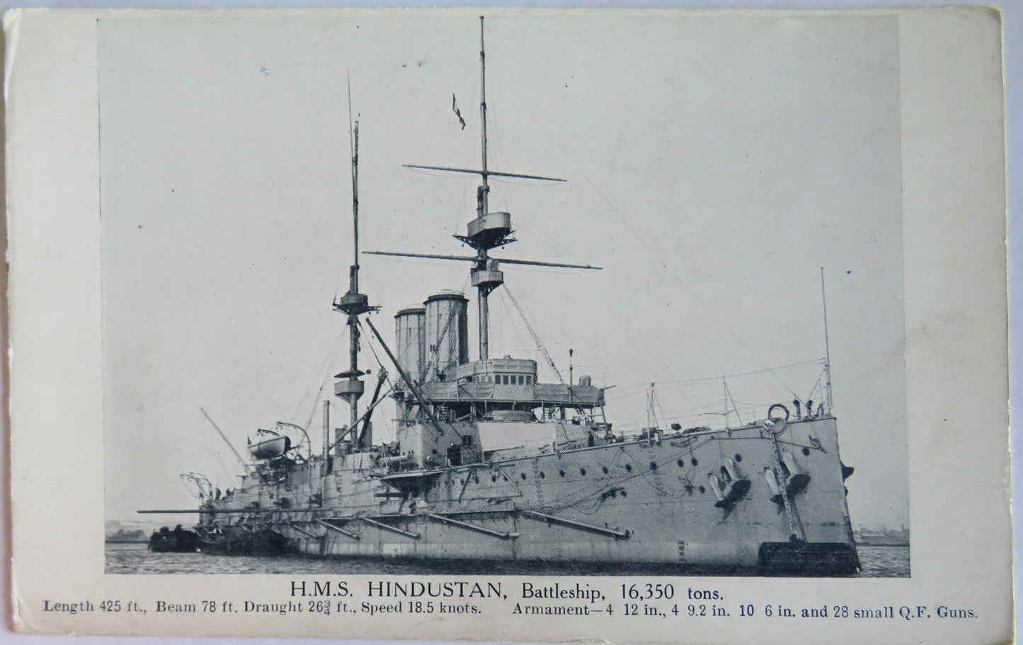 Antique Postcard of H.M.S. Hindustan Battleship, 16,350 Tons