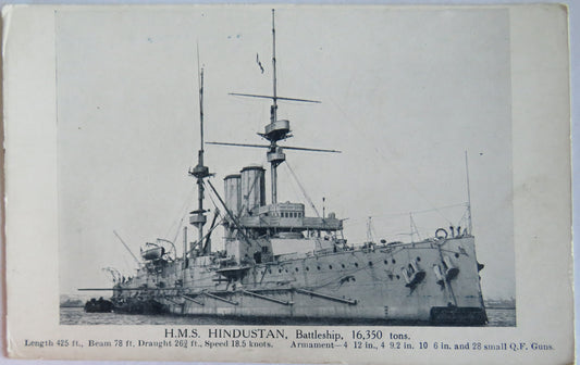 Antique Postcard of H.M.S. Hindustan Battleship, 16,350 Tons
