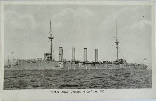 Antique Postcard of H.M.S. Drake, Cruiser, 14,100 tons