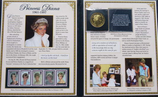 Princess Diana 1961-1997 Gold Plated £5 Commemorative Coin In Folder 20th Anniversary Memorial image 1