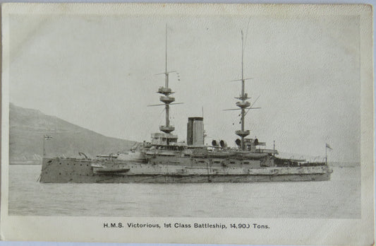 Antique Postcard of H.M.S. Victorious 1st Battleship 14,900 Tons