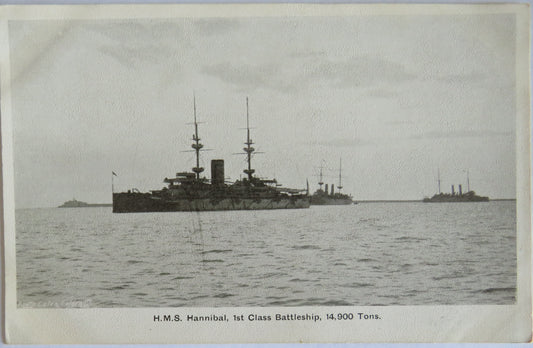Antique Postcard of H.M.S. Hannibal, Battleship 14,900 Tons