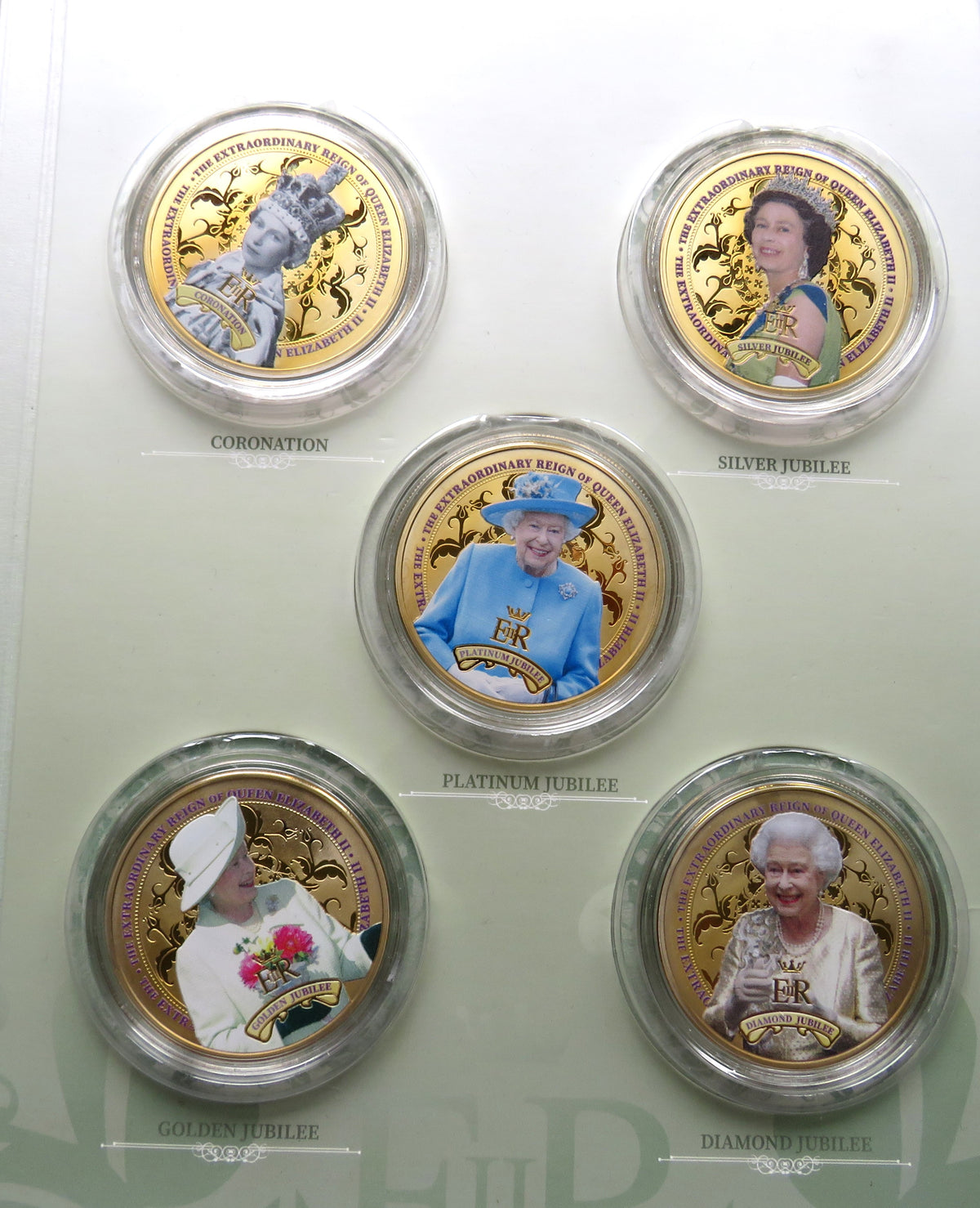 Queen Elizabeth II Commemorative Cased Coin / Medal Set Coronation, Silver Jubilee, Platinum, Golden, Diamond