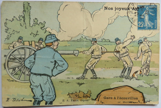 Vintage Postcard of Nos joyeux Artilleurs, Gare a l'ecouvillon, E. A. Paris, depose, 1923 image 1