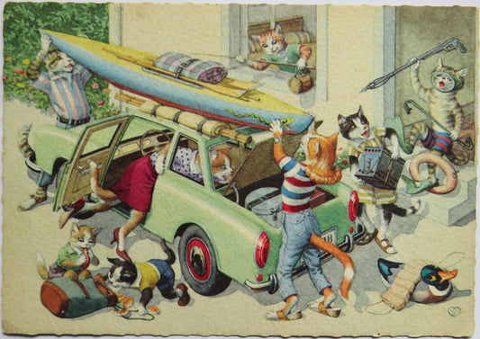 Vintage Postcard of Packing Up for Holiday "Mainzer Cats" - Alfred Mainzer image 1