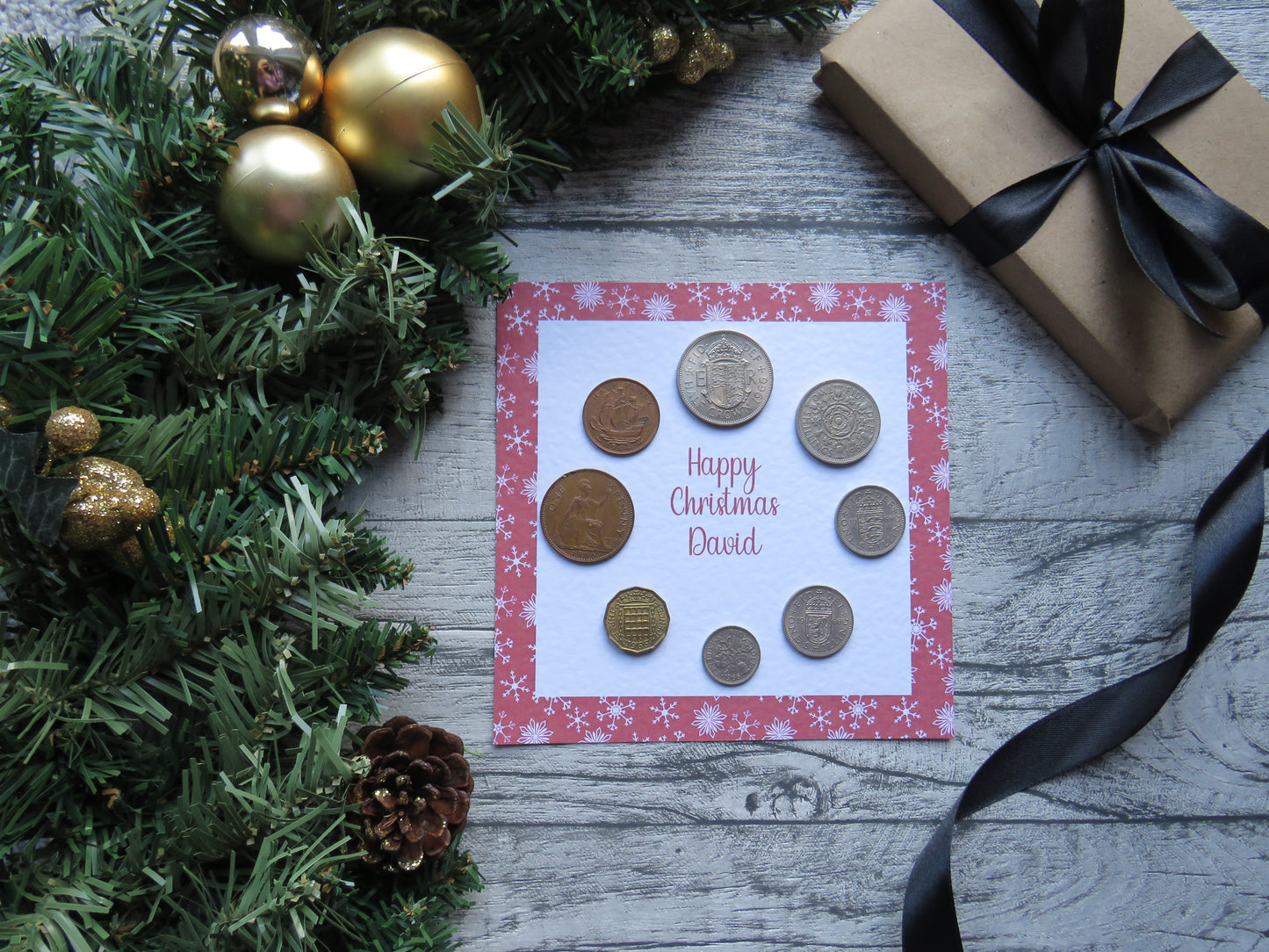 Personalised Mounted Christmas Coin Set With Festive Red Snowflake Design – Choose Your Year (1947–1967)