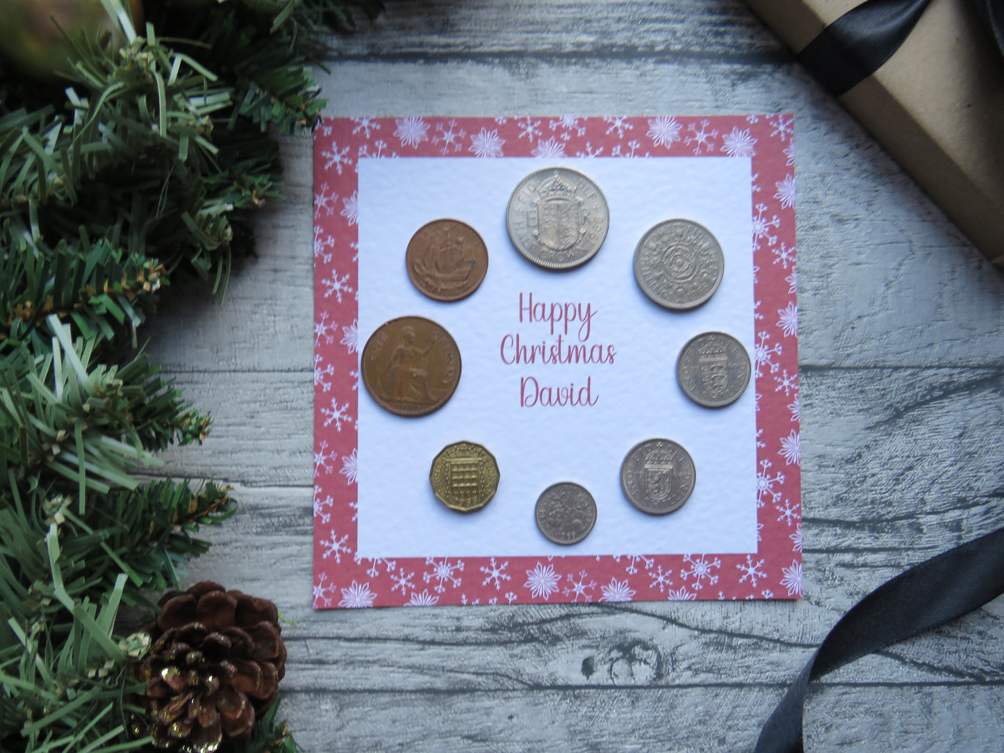 Personalised Mounted Christmas Coin Set With Festive Red Snowflake Design – Choose Your Year (1947–1967)