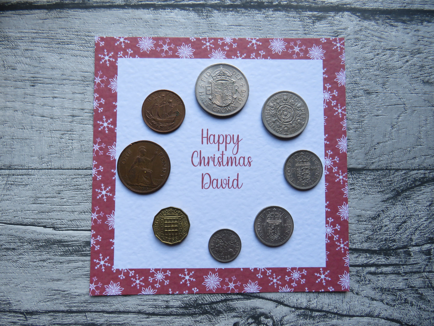 Personalised Mounted Christmas Coin Set With Festive Red Snowflake Design – Choose Your Year (1947–1967)