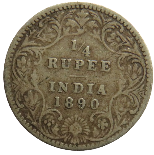 1890 Queen Victoria India Silver 1/4 Quarter Rupee Coin