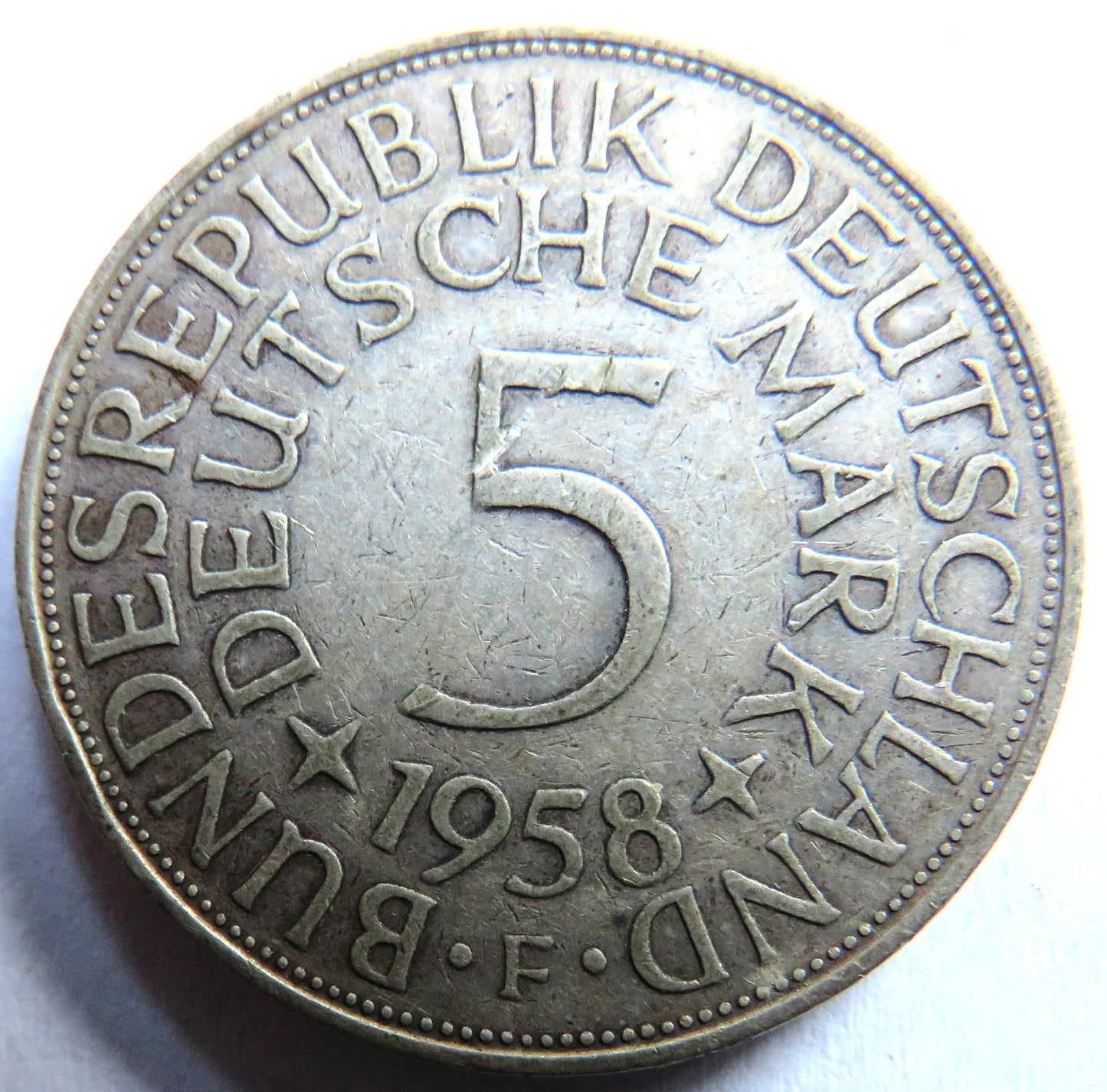 1958-F Germany Silver 5 Mark Coin
