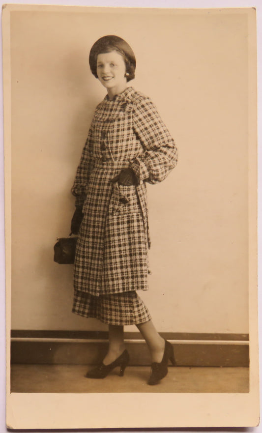 Vintage Postcard of Lady in Plaid Coat image 1