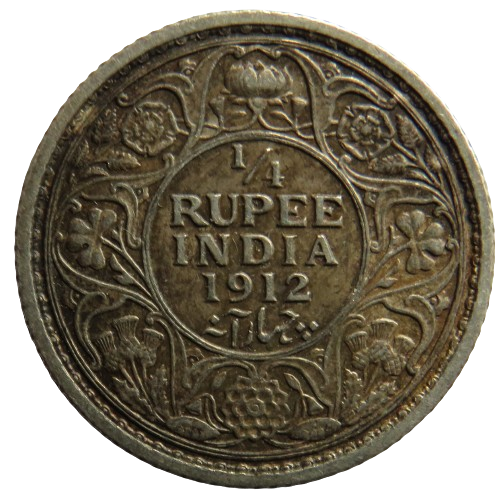 1912 King George V India Silver 1/4 Quarter Rupee Coin