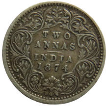 Load image into Gallery viewer, 1874 Queen Victoria India Silver 2 Annas Coin Key Date
