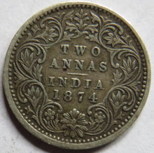 Load image into Gallery viewer, 1874 Queen Victoria India Silver 2 Annas Coin Key Date
