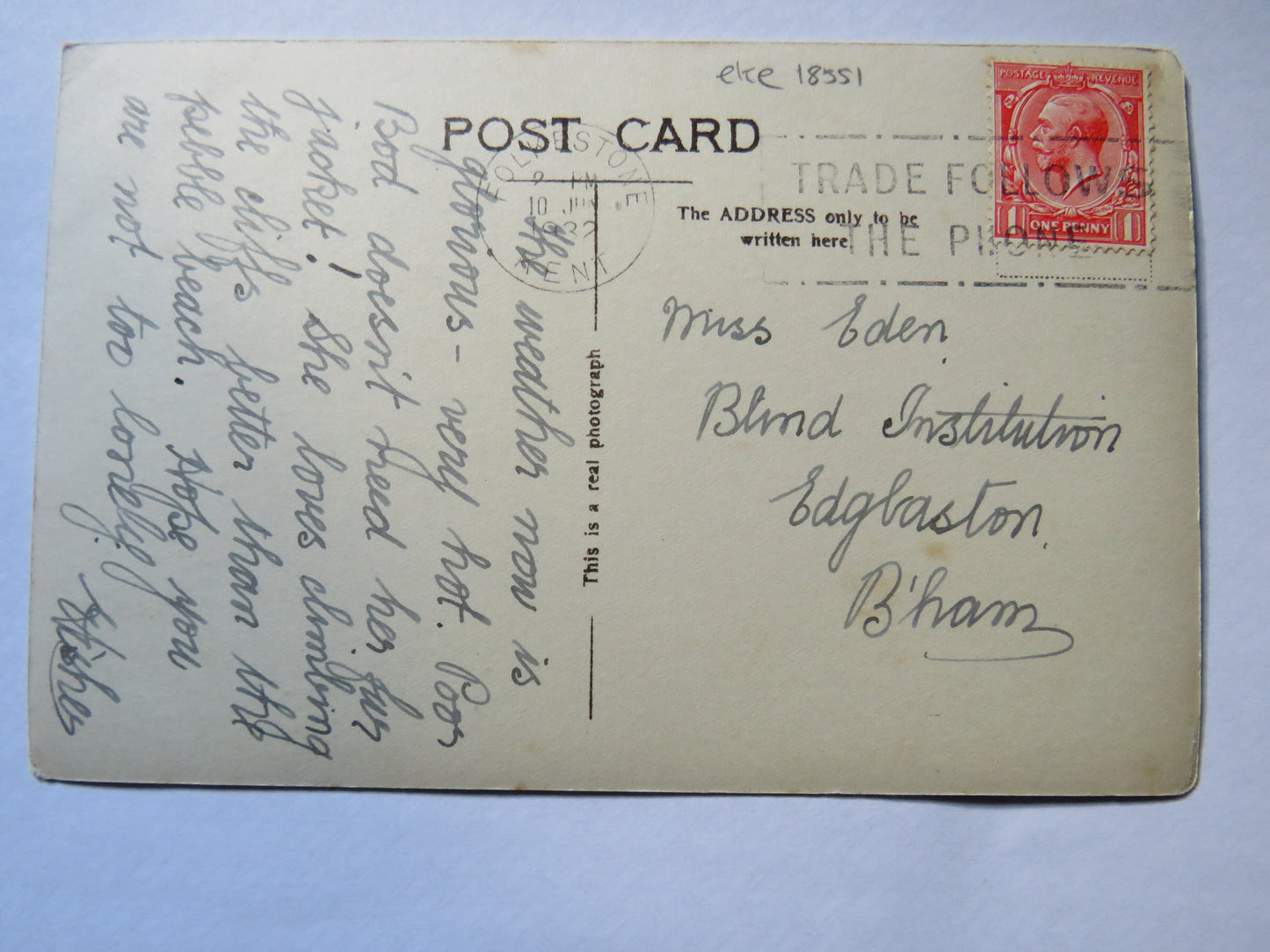 Vintage Postcard of The Zig-Zag Path, Folkestone 1932