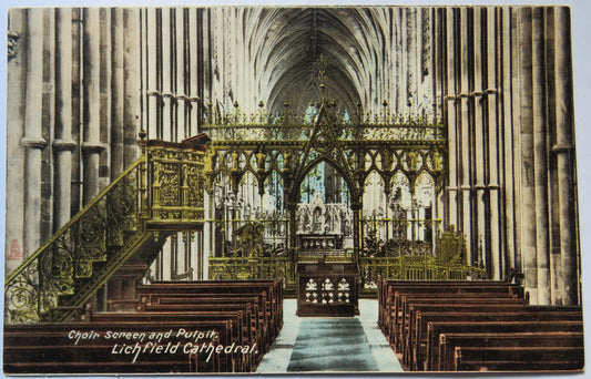 Vintage Postcard of Choir Screen and Pulpit, Lichfield Cathedral