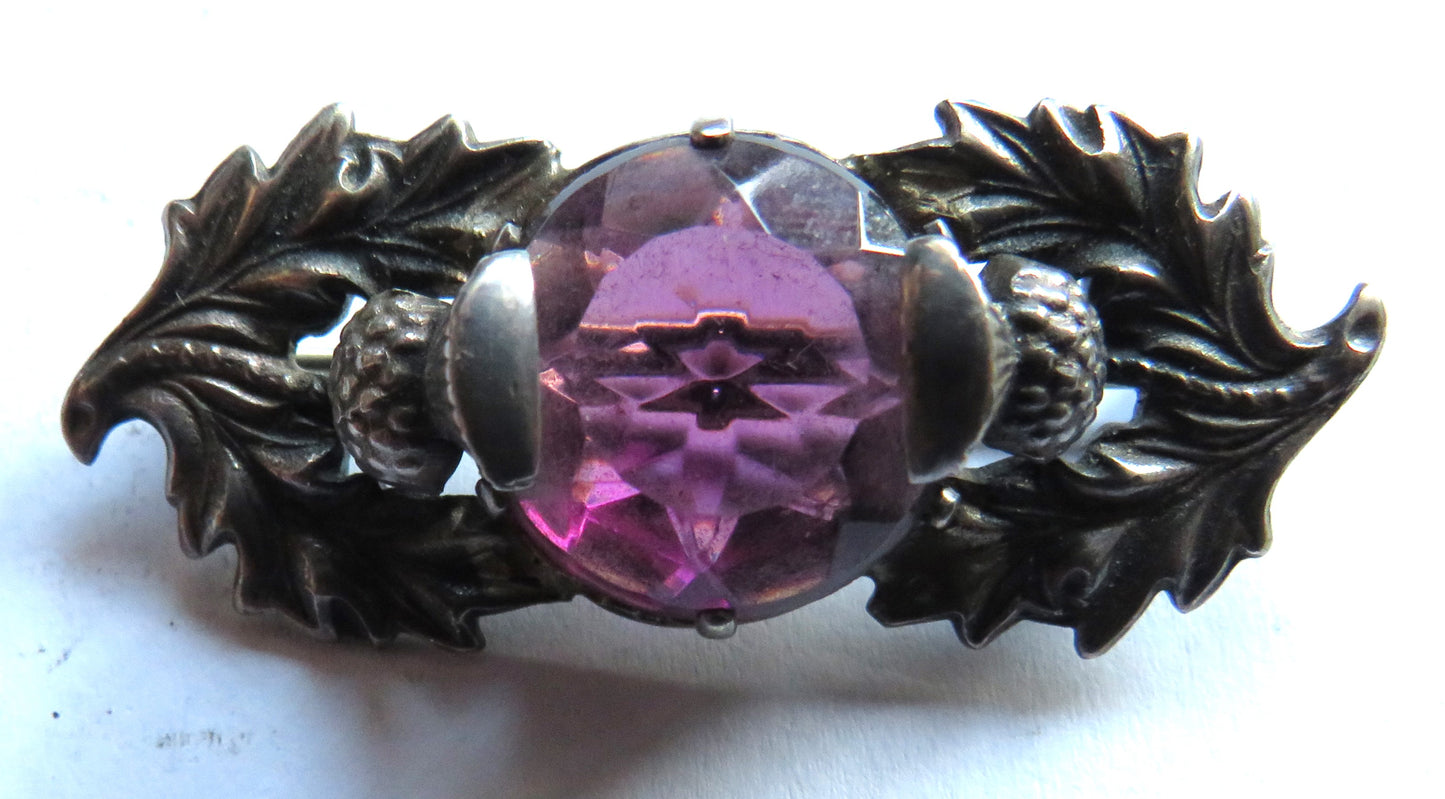 Vintage Silver & Purple Stone Scottish Thistle Brooch
