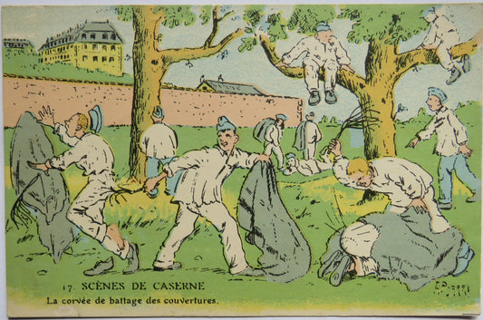 Vintage Postcard of Scenes De Caserne, La Corvee de Battage des Couvertures image 1