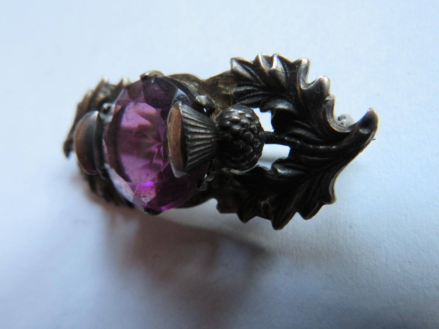 Vintage Silver & Purple Stone Scottish Thistle Brooch
