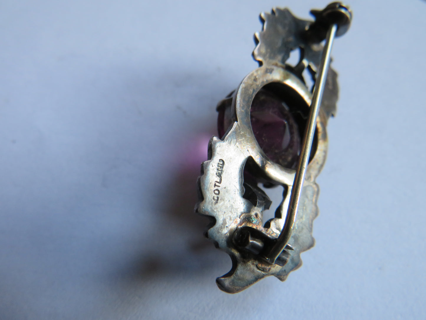 Vintage Silver & Purple Stone Scottish Thistle Brooch