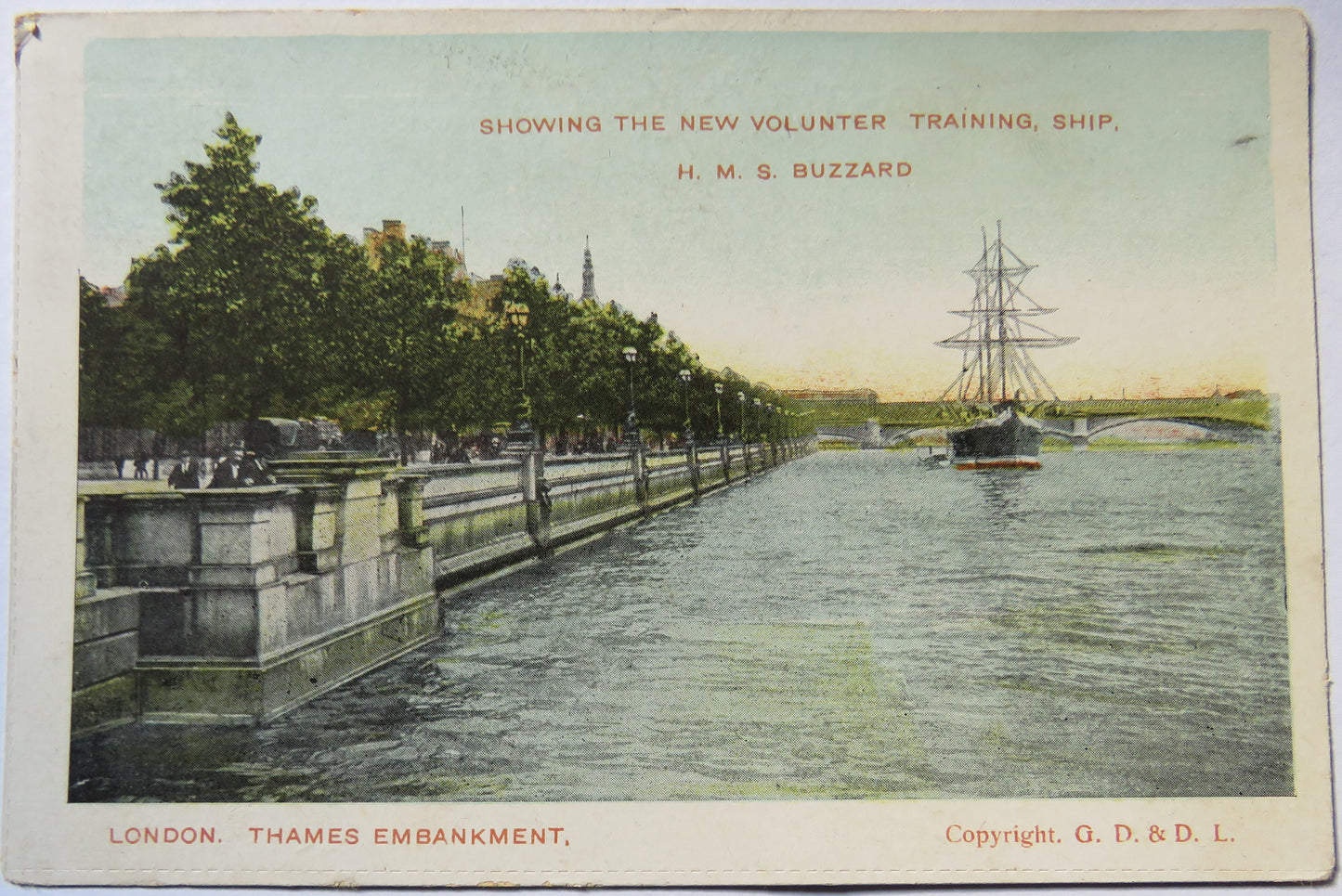 Vintage Postcard of H. M. S. Buzzard, London, Thames Embankment