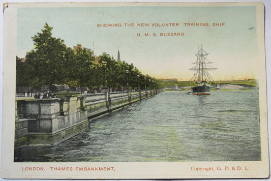 Vintage Postcard of H. M. S. Buzzard, London, Thames Embankment