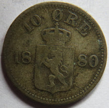 Load image into Gallery viewer, 1880 Norway Silver 10 Ore Coin
