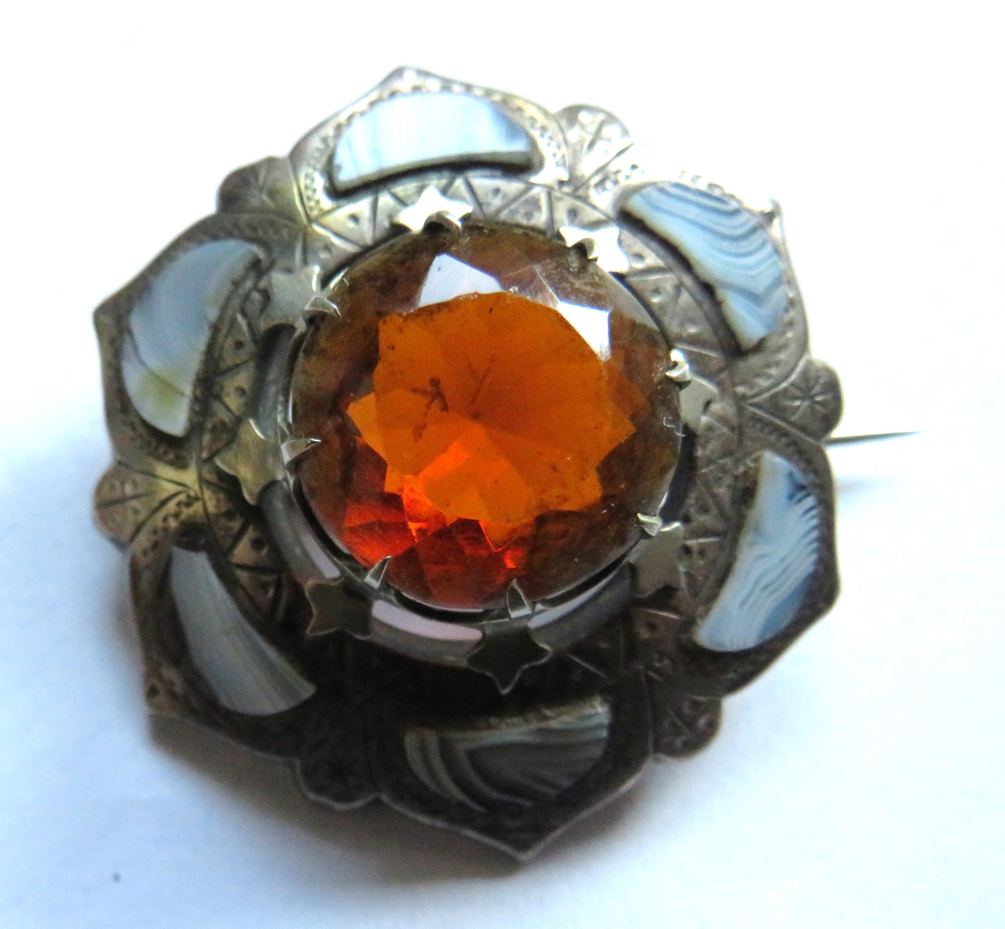 Vintage Scottish White Metal & Agate Brooch