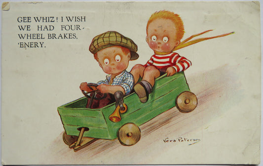 Vintage Postcard by Artist Vera Paterson of Gee Whiz! I Wish We Had Four Wheel Brakes, 'Enery, 1931 image 1