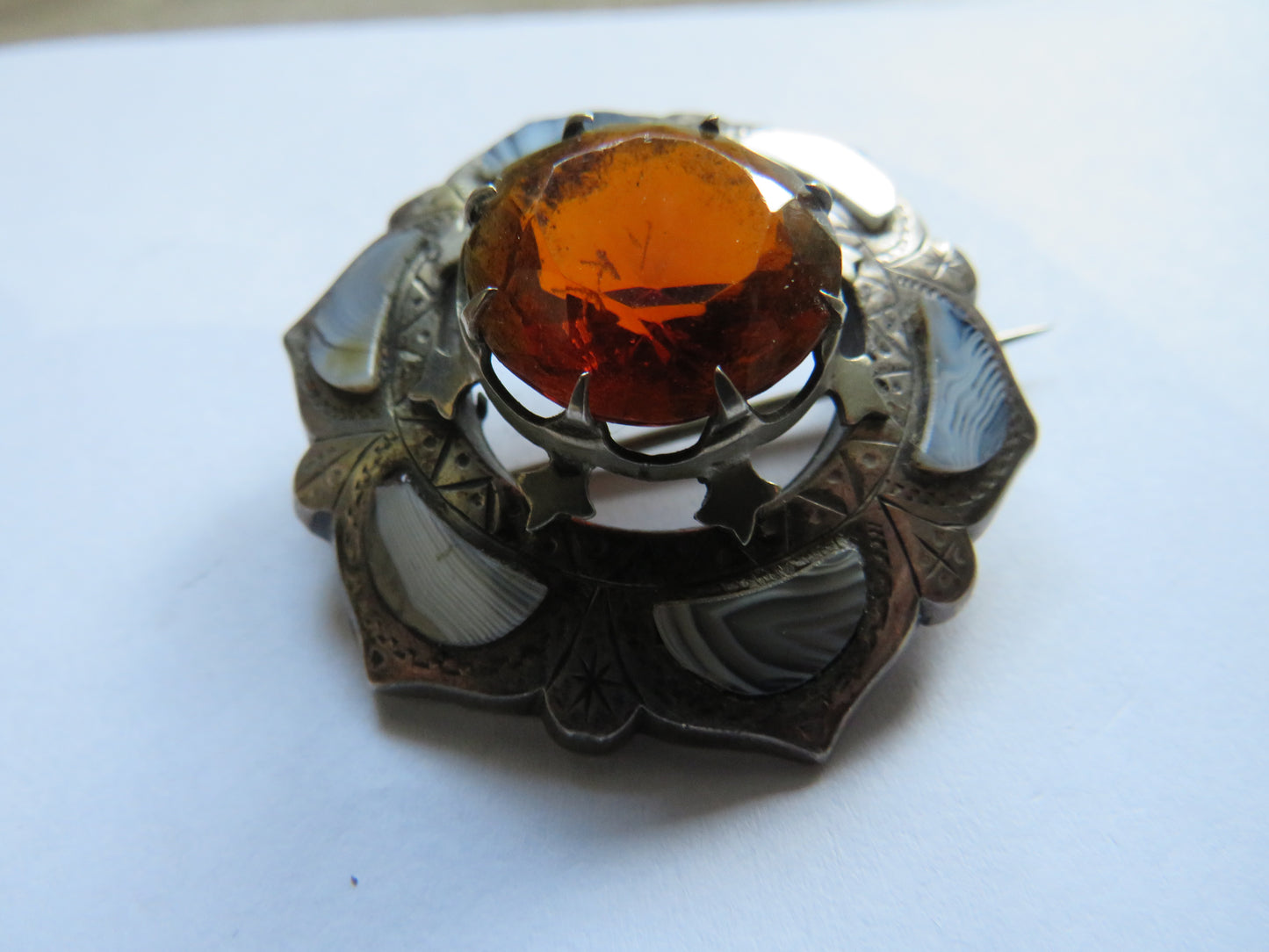 Vintage Scottish White Metal & Agate Brooch