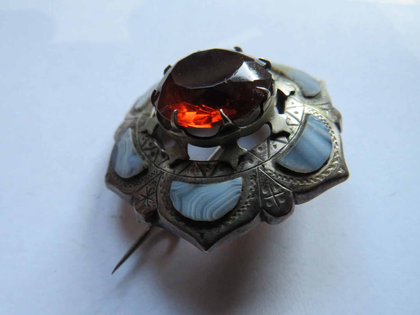 Vintage Scottish White Metal & Agate Brooch
