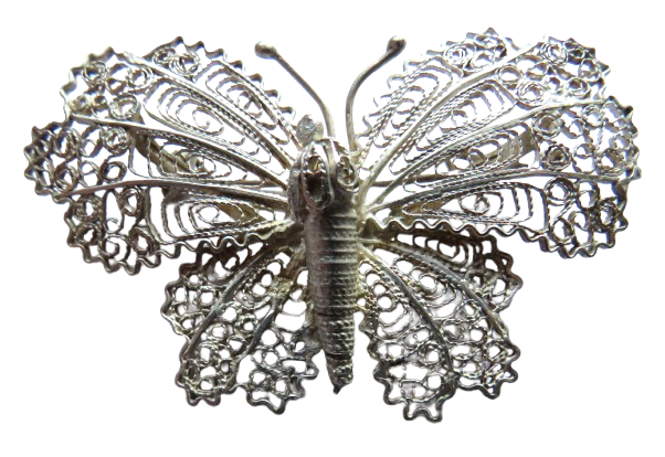 Vintage Ladies White Metal Filigree Butterfly Brooch