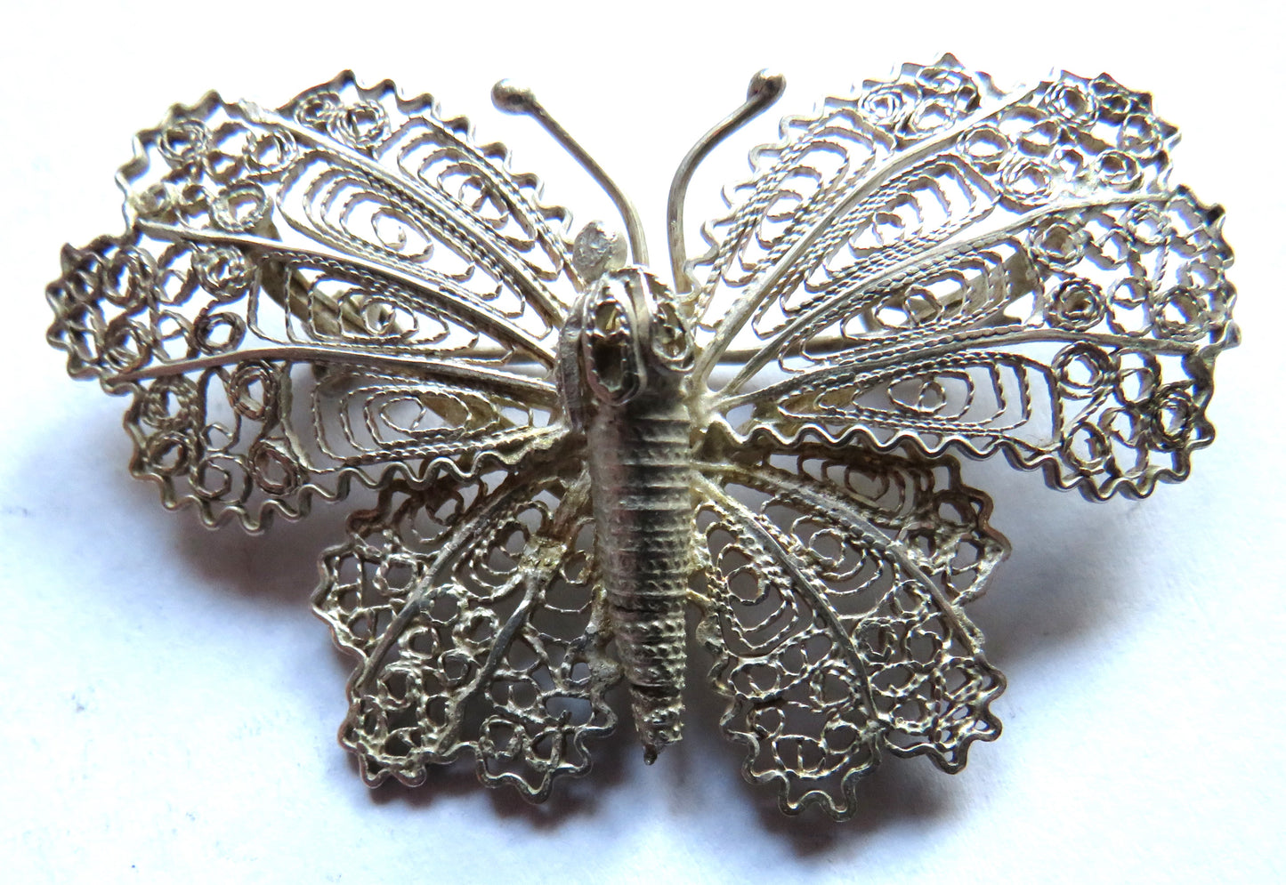 Vintage Ladies White Metal Filigree Butterfly Brooch