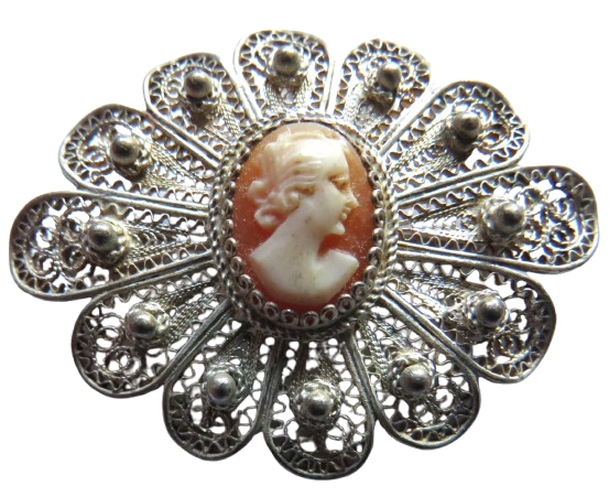 Vintage .800 Continental Silver Filigree & Cameo Ladies Brooch