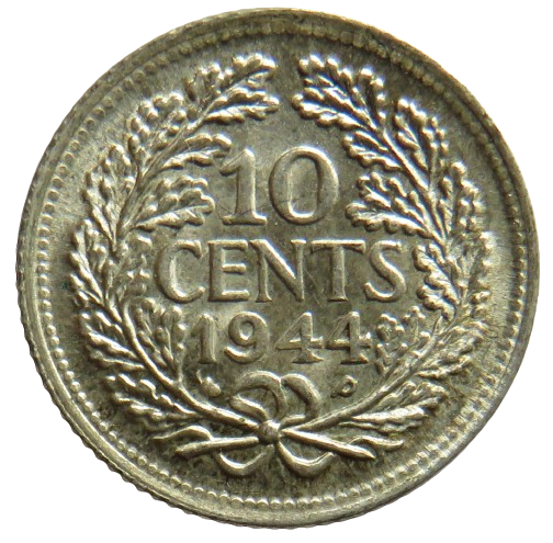 1944-P Netherlands Silver 10 Cents Coin In High Grade