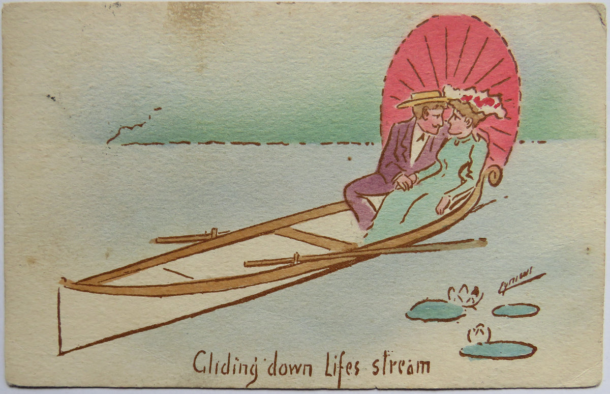 Vintage Postcard of "Gliding Down Lifes Stream"