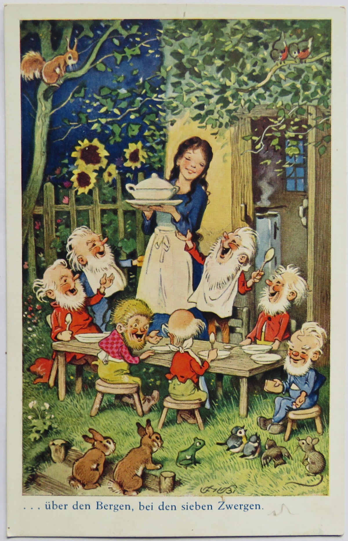 Vintage Postcard of Fritz Baumgarten, Snow White and the Seven Dwarfs "...uber den Bergen, bei den sieben Zwergen"