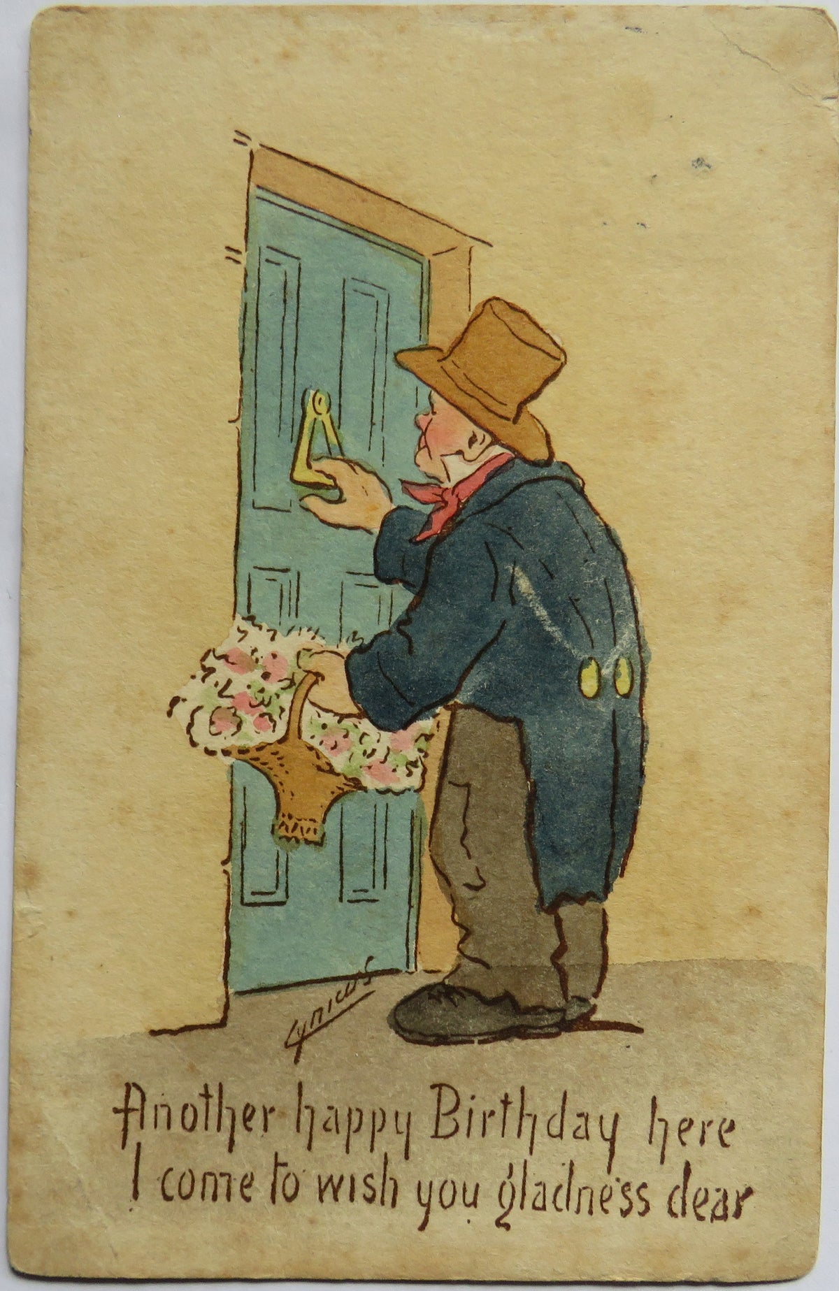 Vintage Postcard of Another Happy Birthday here I come to Wish you Gladness Dear, Cynicus Comic Postcard, 1905