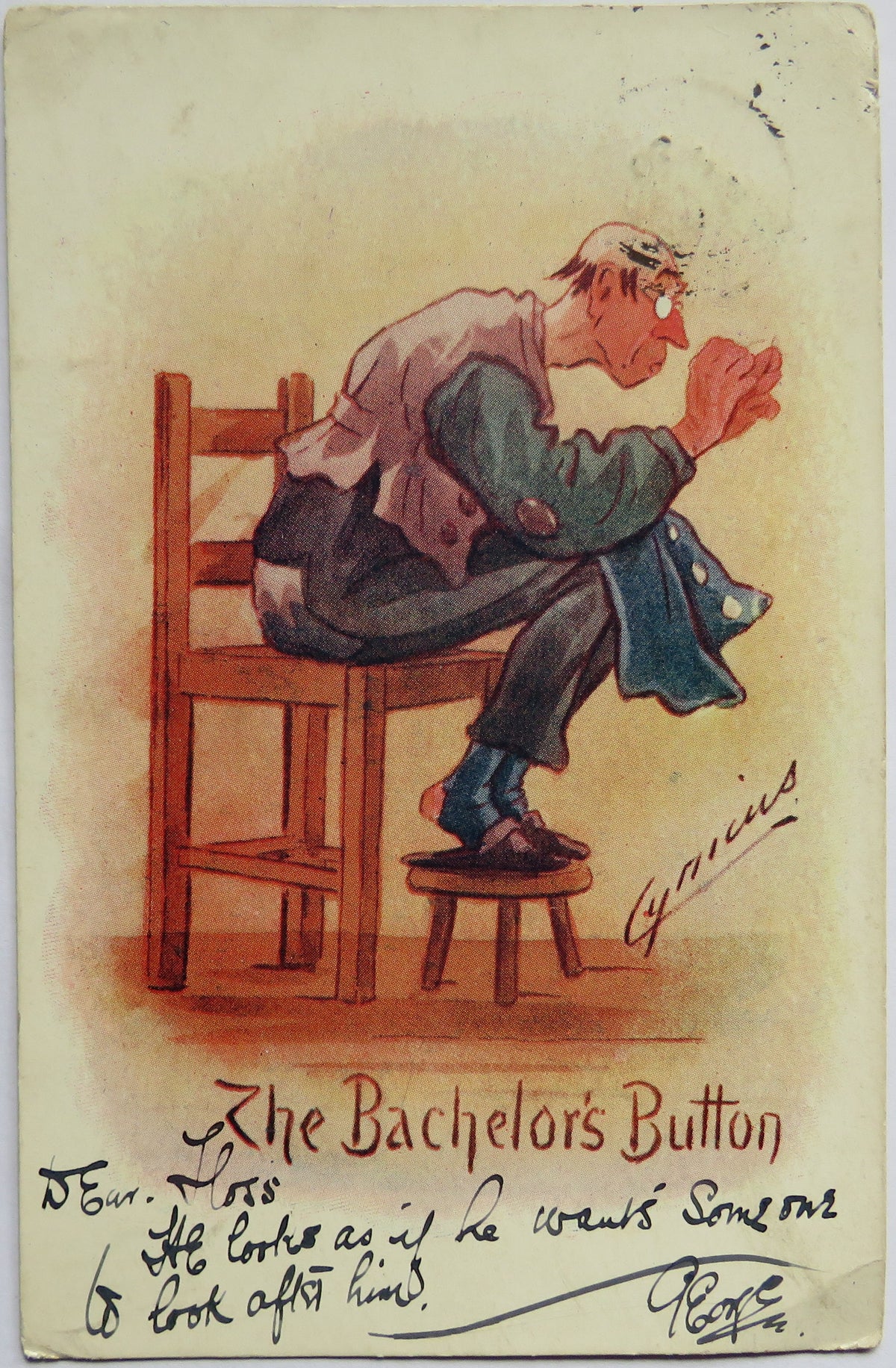 Vintage Postcard of The Bachelor's Button, Cynicus Comic Postcard, 1905