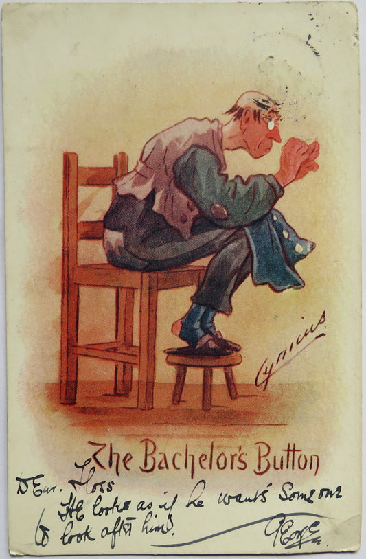 Vintage Postcard of The Bachelor's Button, Cynicus Comic Postcard, 1905 image 1